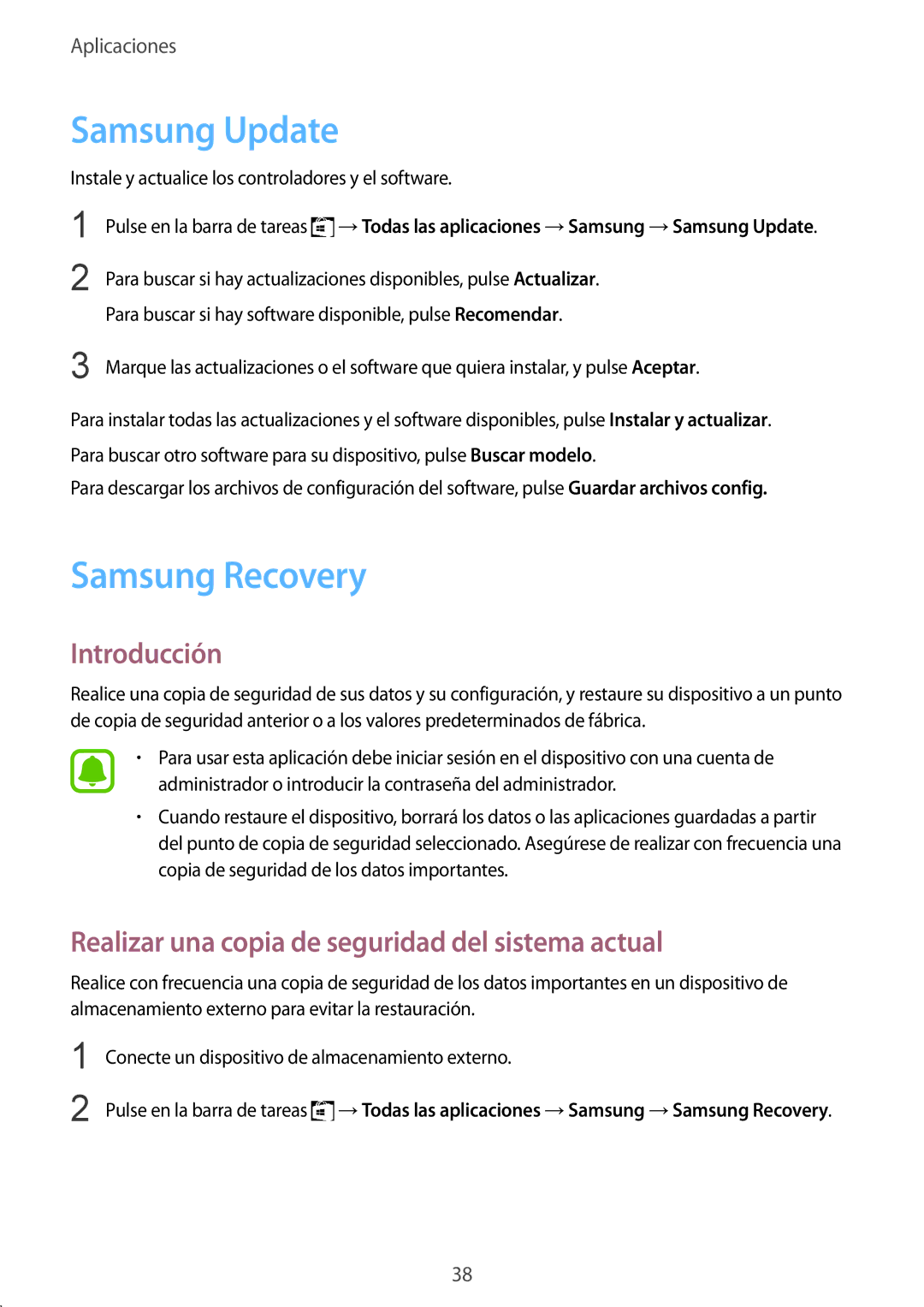 Samsung SM-W708NZKAPHE manual Samsung Update, Samsung Recovery, Realizar una copia de seguridad del sistema actual 