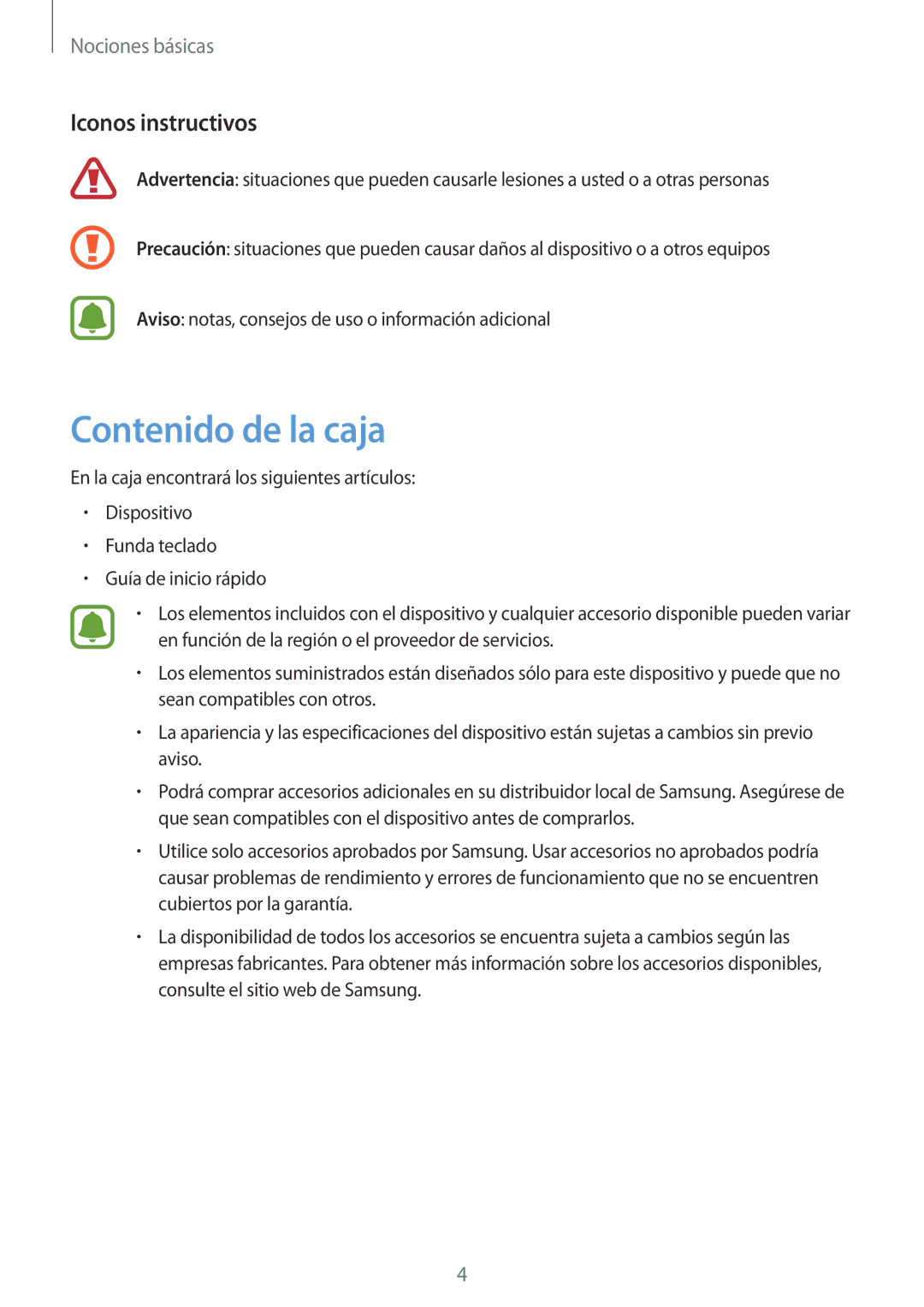 Samsung SM-W703NZKAPHE, SM-W700NZKAPHE, SM-W708NZKAPHE manual Contenido de la caja, Iconos instructivos 