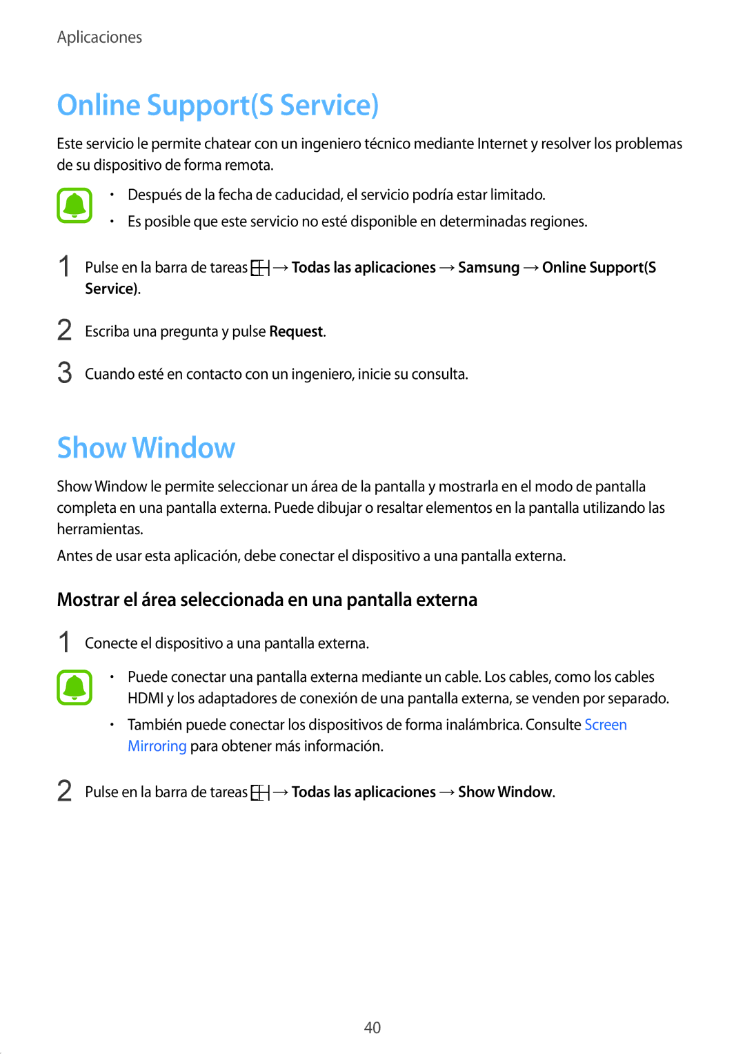 Samsung SM-W703NZKAPHE manual Online SupportS Service, Show Window, Mostrar el área seleccionada en una pantalla externa 