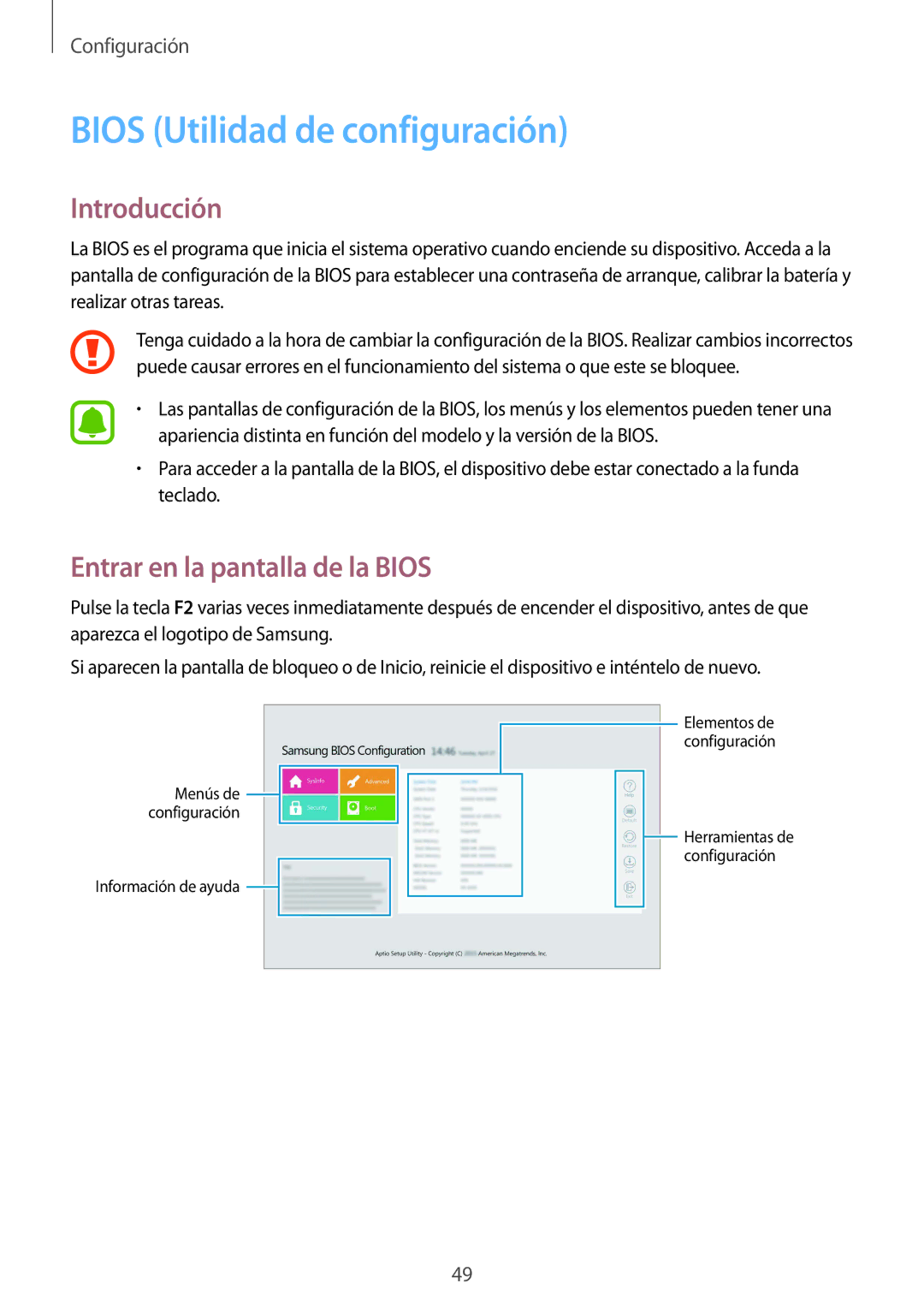 Samsung SM-W703NZKAPHE, SM-W700NZKAPHE, SM-W708NZKAPHE Bios Utilidad de configuración, Entrar en la pantalla de la Bios 