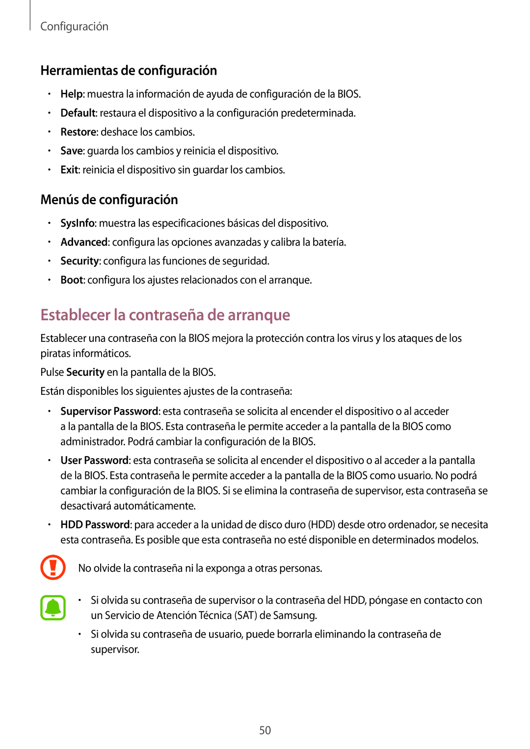 Samsung SM-W708NZKAPHE manual Establecer la contraseña de arranque, Herramientas de configuración, Menús de configuración 