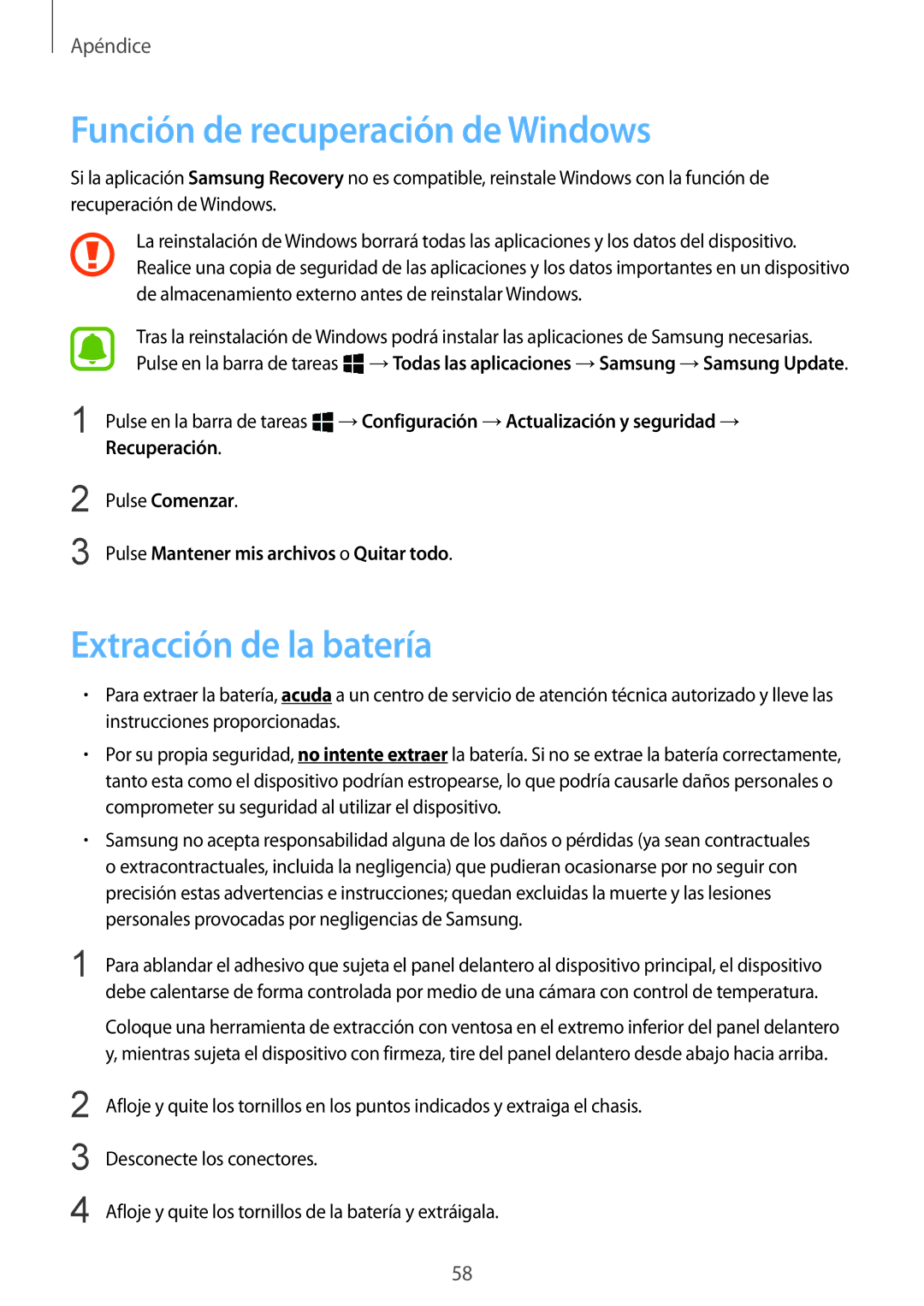 Samsung SM-W703NZKAPHE, SM-W700NZKAPHE, SM-W708NZKAPHE manual Función de recuperación de Windows, Extracción de la batería 