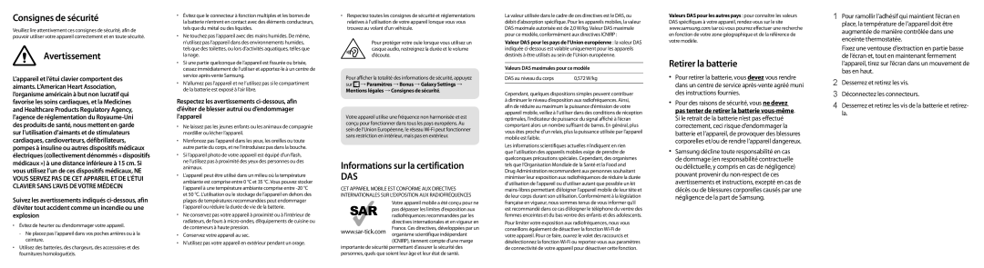 Samsung SM-W700NZKAXEF manual Consignes de sécurité, Avertissement, Informations sur la certification, Retirer la batterie 