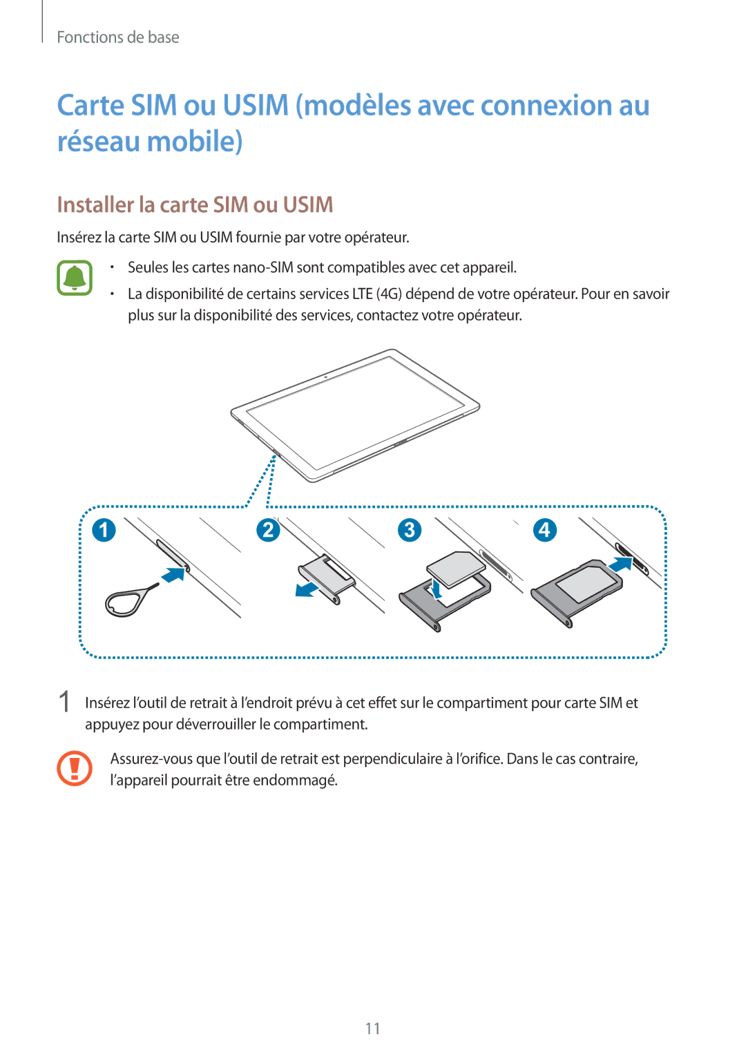 Samsung SM-W700NZWAXEF manual Carte SIM ou Usim modèles avec connexion au réseau mobile, Installer la carte SIM ou Usim 