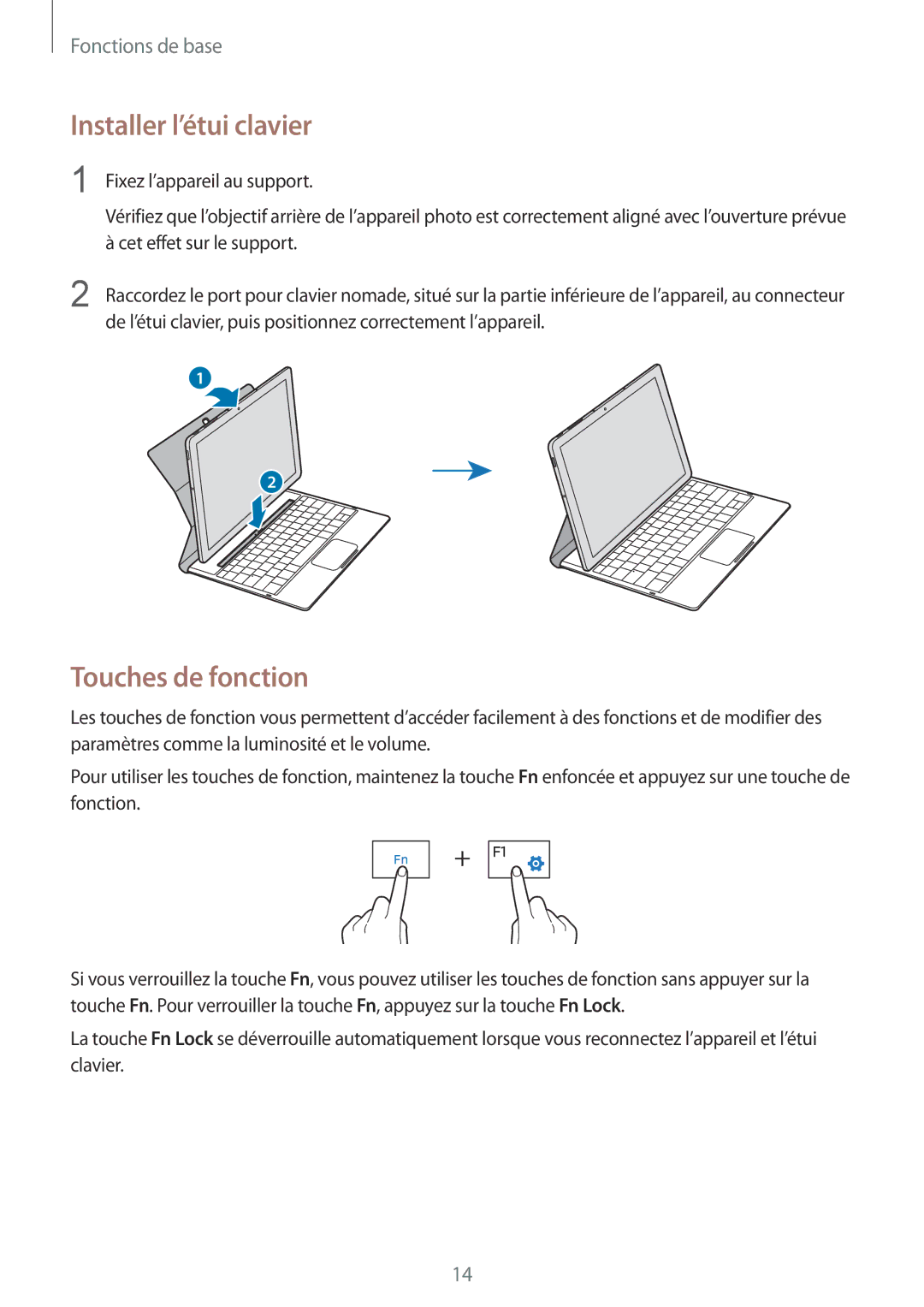 Samsung SM-W700NZWAXEF, SM-W700NZKAXEF, SM-W708NZKAXEF manual Installer l’étui clavier, Touches de fonction 