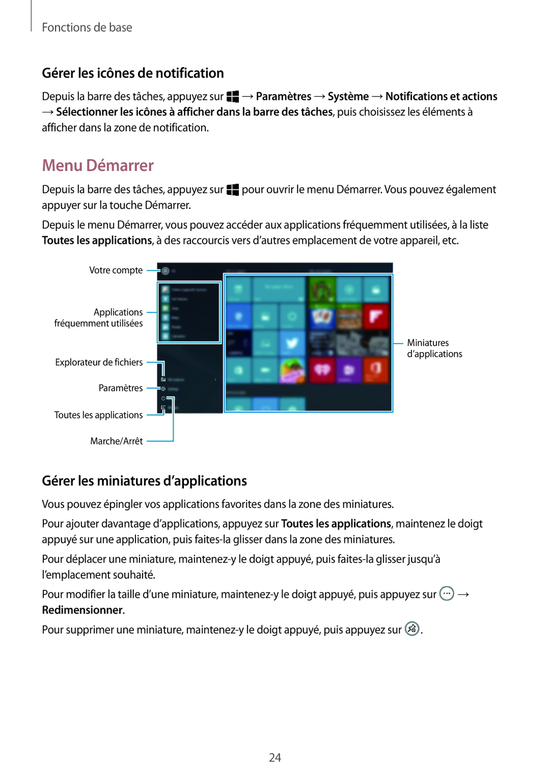 Samsung SM-W700NZKAXEF manual Menu Démarrer, Gérer les icônes de notification, Gérer les miniatures d’applications 