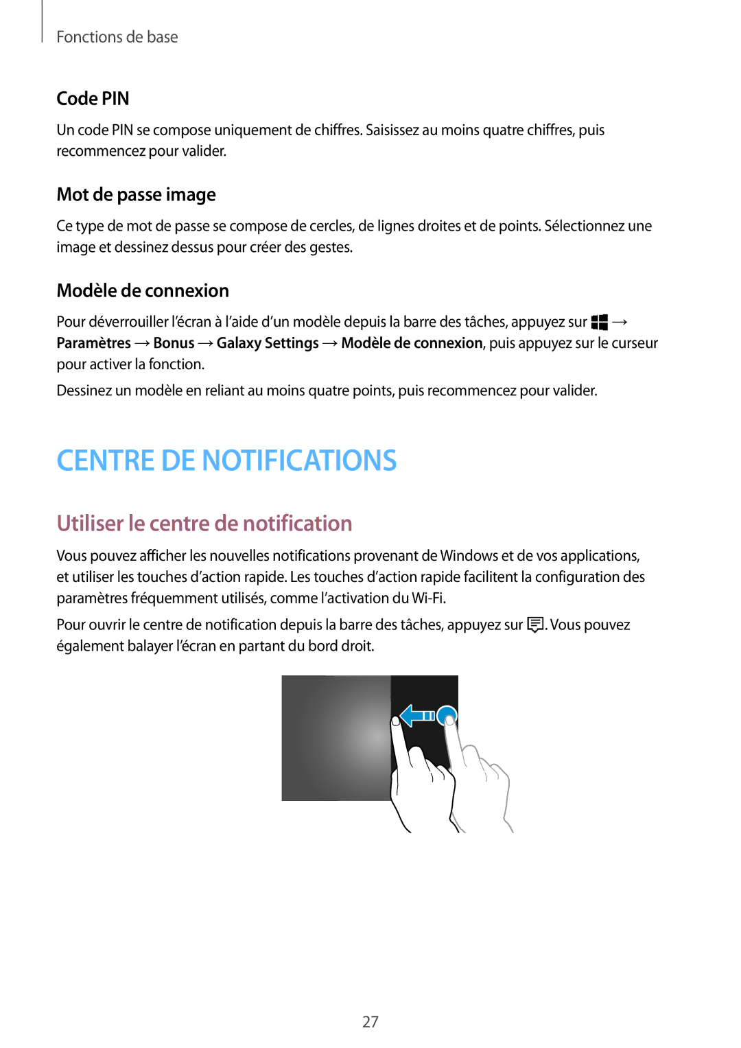 Samsung SM-W700NZKAXEF manual Utiliser le centre de notification, Code PIN, Mot de passe image, Modèle de connexion 