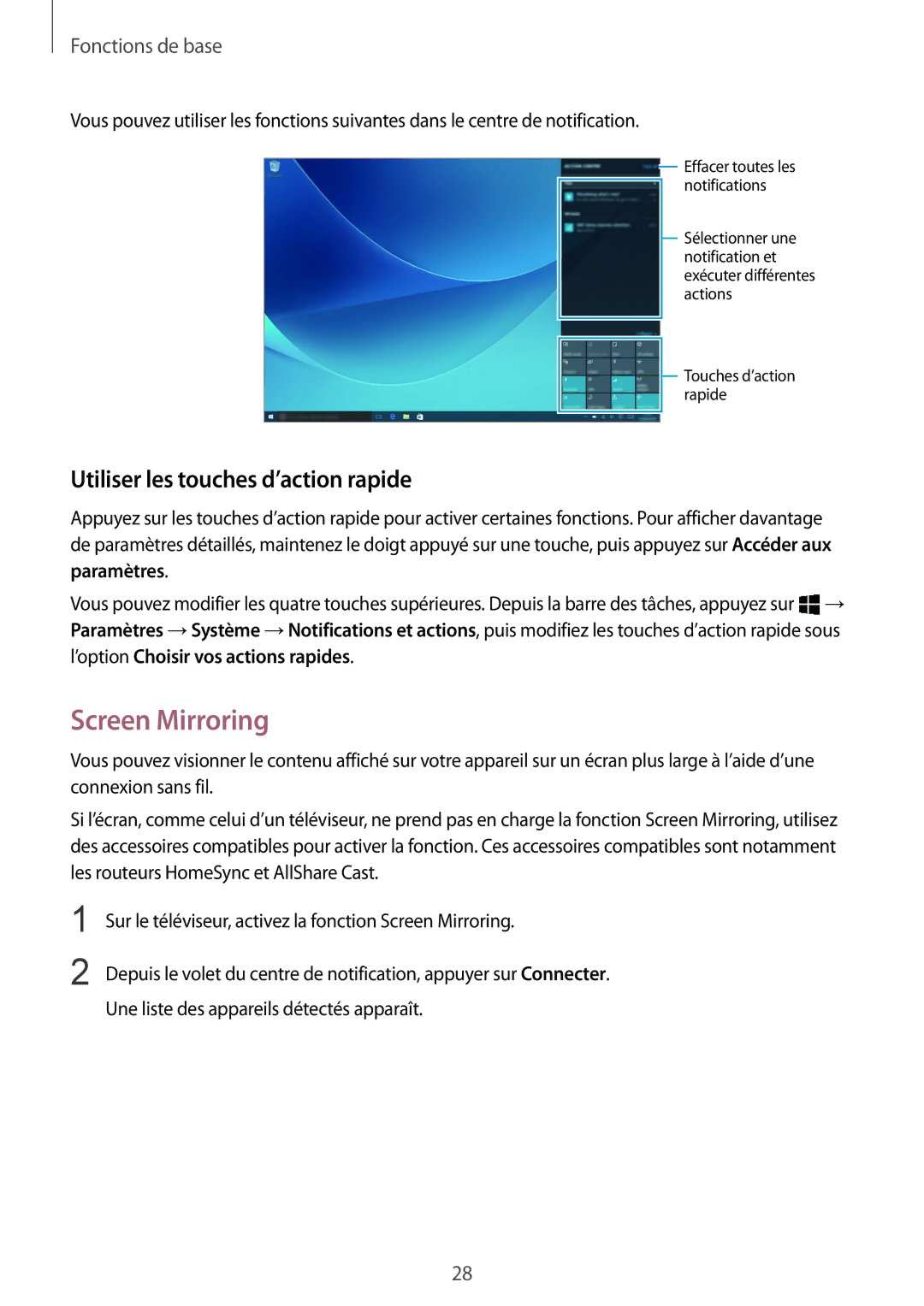 Samsung SM-W708NZKAXEF, SM-W700NZKAXEF, SM-W700NZWAXEF manual Screen Mirroring, Utiliser les touches d’action rapide 