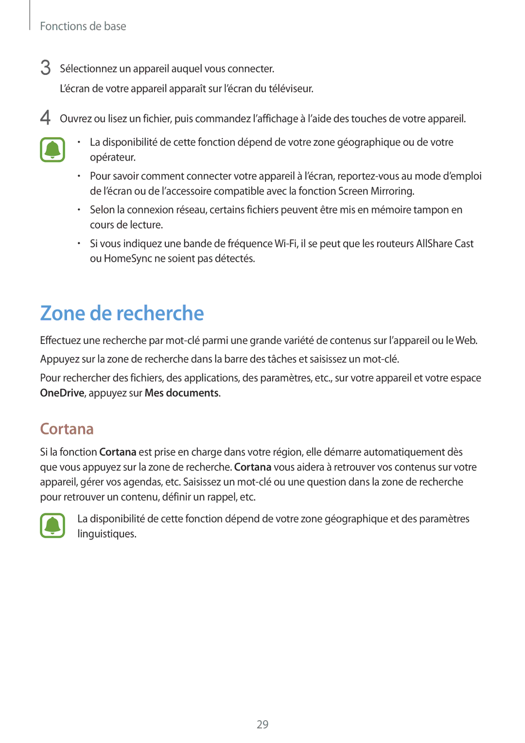 Samsung SM-W700NZWAXEF, SM-W700NZKAXEF, SM-W708NZKAXEF manual Zone de recherche, Cortana 