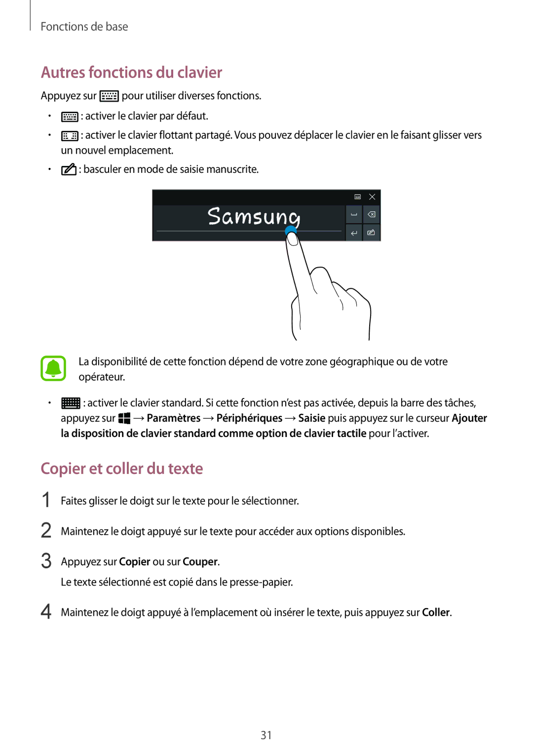 Samsung SM-W708NZKAXEF, SM-W700NZKAXEF, SM-W700NZWAXEF manual Autres fonctions du clavier, Copier et coller du texte 