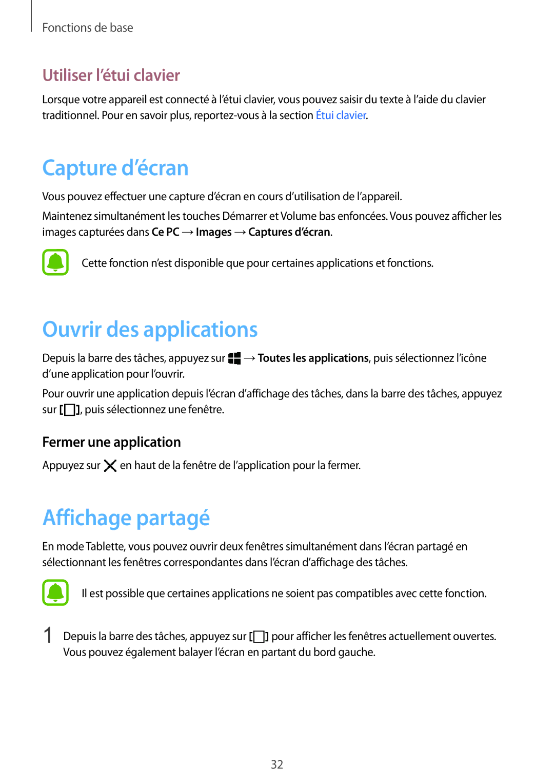 Samsung SM-W700NZWAXEF manual Capture d’écran, Ouvrir des applications, Affichage partagé, Utiliser l’étui clavier 