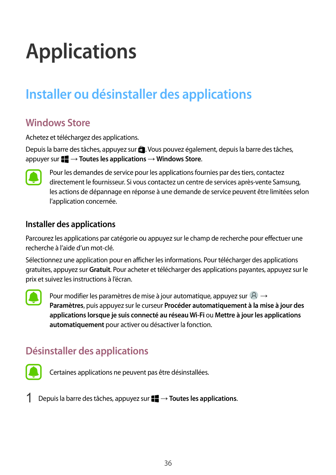 Samsung SM-W700NZKAXEF manual Installer ou désinstaller des applications, Windows Store, Désinstaller des applications 