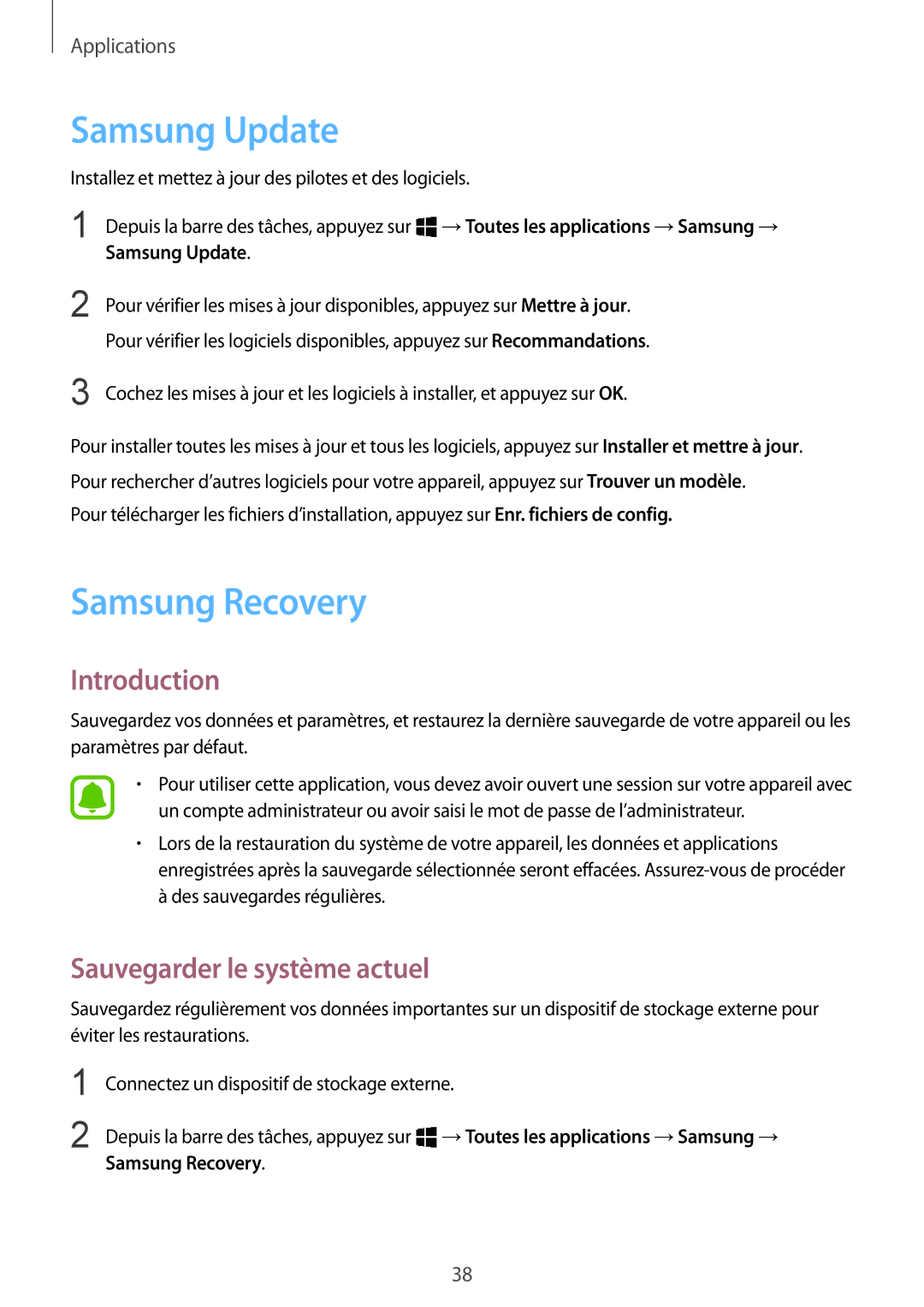 Samsung SM-W700NZWAXEF, SM-W700NZKAXEF, SM-W708NZKAXEF manual Samsung Update, Samsung Recovery, Sauvegarder le système actuel 