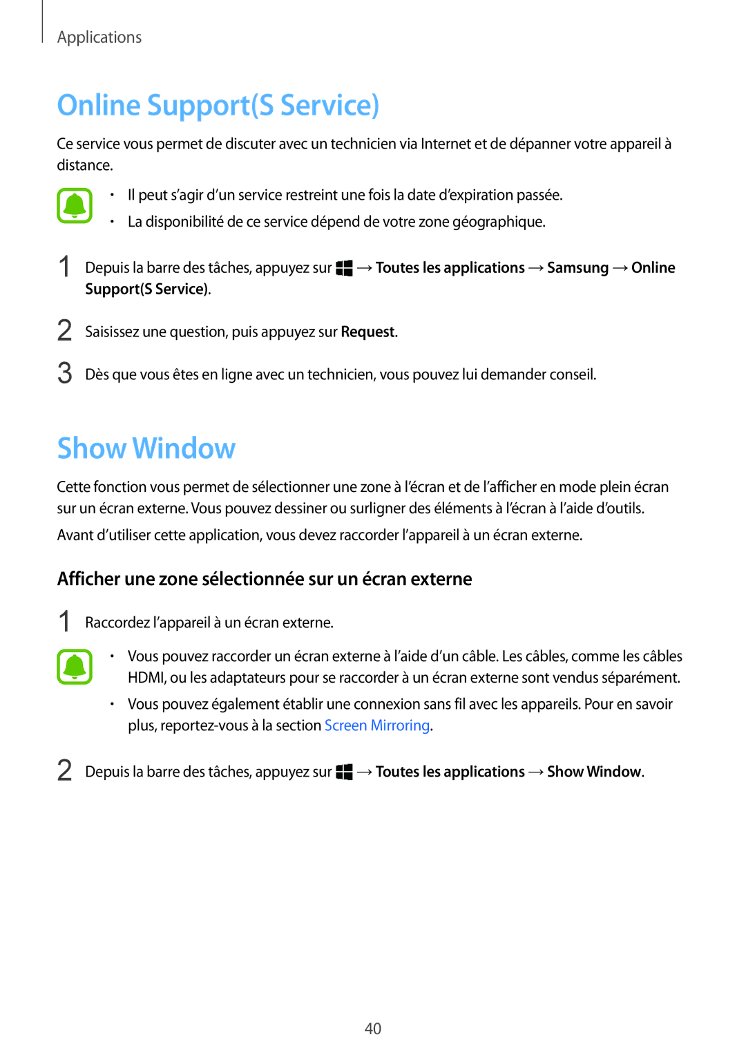 Samsung SM-W708NZKAXEF manual Online SupportS Service, Show Window, Afficher une zone sélectionnée sur un écran externe 