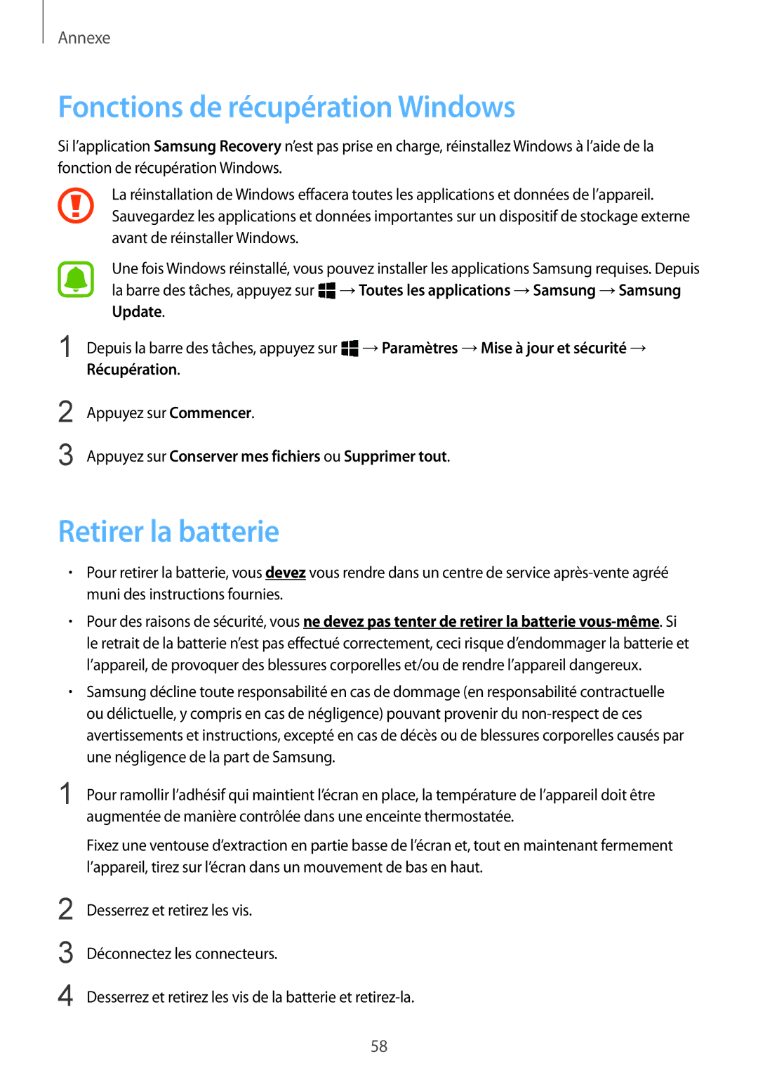 Samsung SM-W708NZKAXEF, SM-W700NZKAXEF, SM-W700NZWAXEF manual Fonctions de récupération Windows, Retirer la batterie 