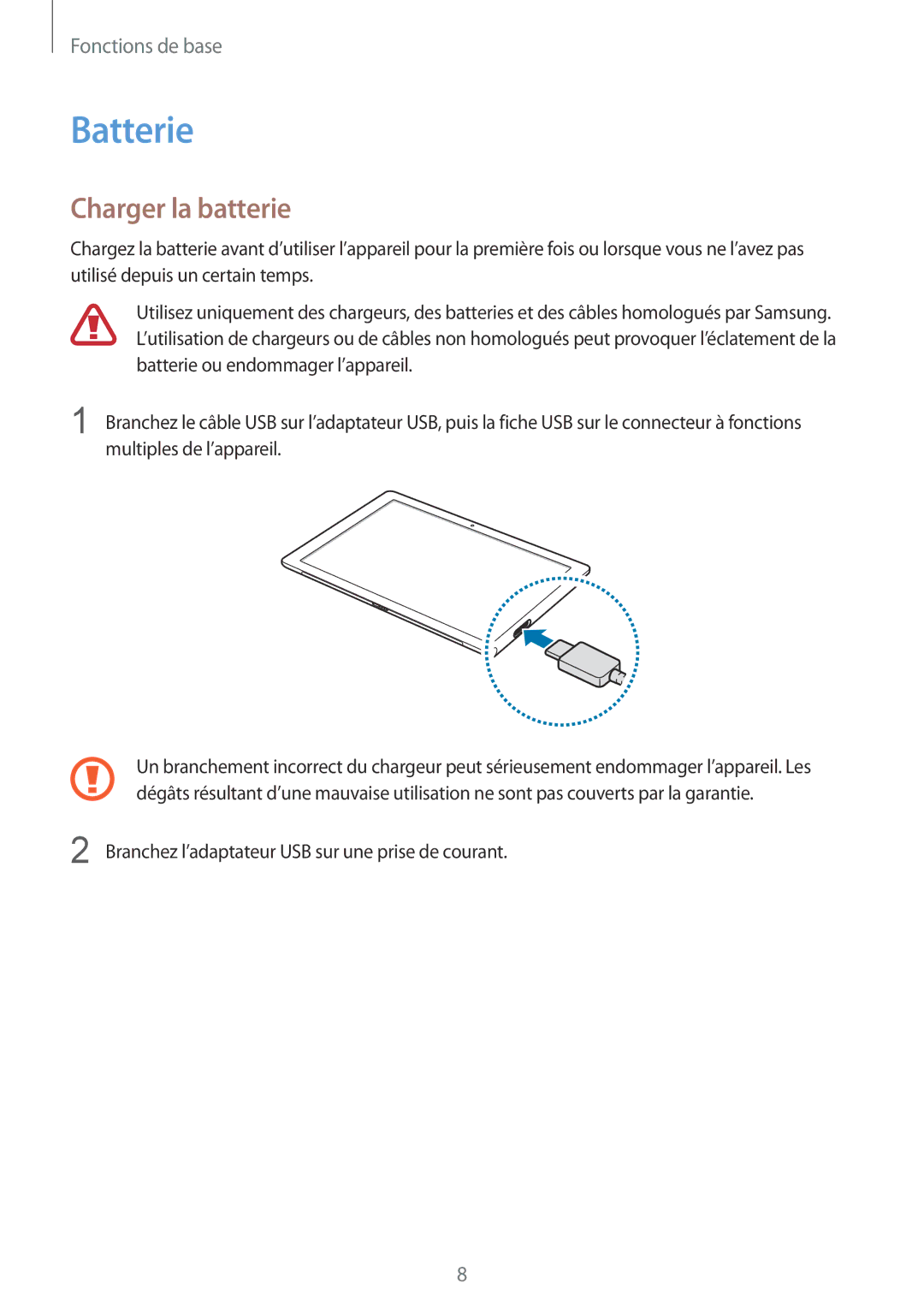 Samsung SM-W700NZWAXEF, SM-W700NZKAXEF, SM-W708NZKAXEF manual Batterie, Charger la batterie 