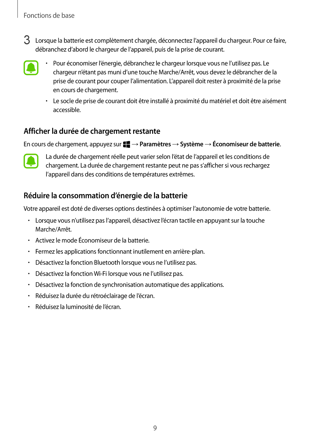 Samsung SM-W700NZKAXEF manual Afficher la durée de chargement restante, Réduire la consommation d’énergie de la batterie 