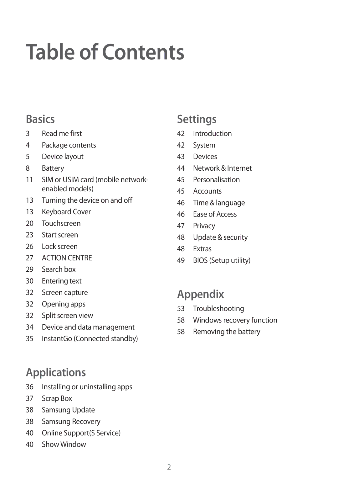 Samsung SM-W708NZKADBT, SM-W703NZKADBT, SM-W700NZKADBT, SM-W700NZKAXEF, SM-W708NZKAXEF, SM-W700NZWAXEF manual Table of Contents 