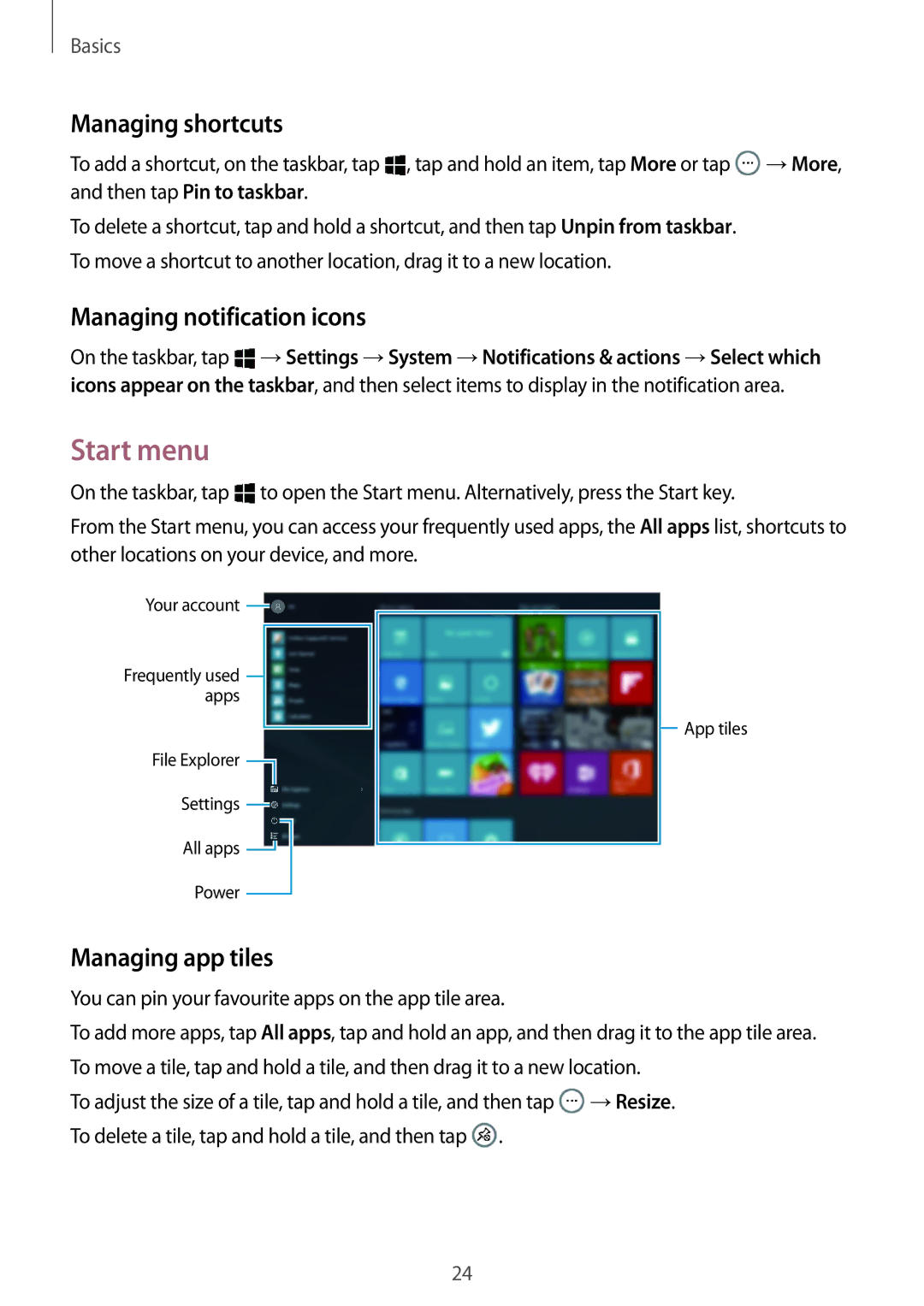 Samsung SM-W700NZWAXEF, SM-W703NZKADBT Start menu, Managing shortcuts, Managing notification icons, Managing app tiles 