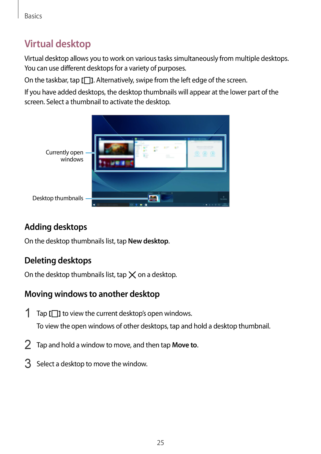 Samsung SM-W708NZKATIM manual Virtual desktop, Adding desktops, Deleting desktops, Moving windows to another desktop 