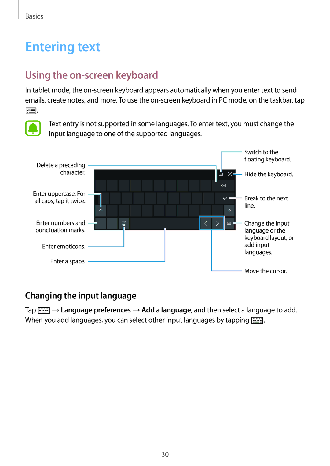 Samsung SM-W703NZKAPHE, SM-W703NZKADBT manual Entering text, Using the on-screen keyboard, Changing the input language 