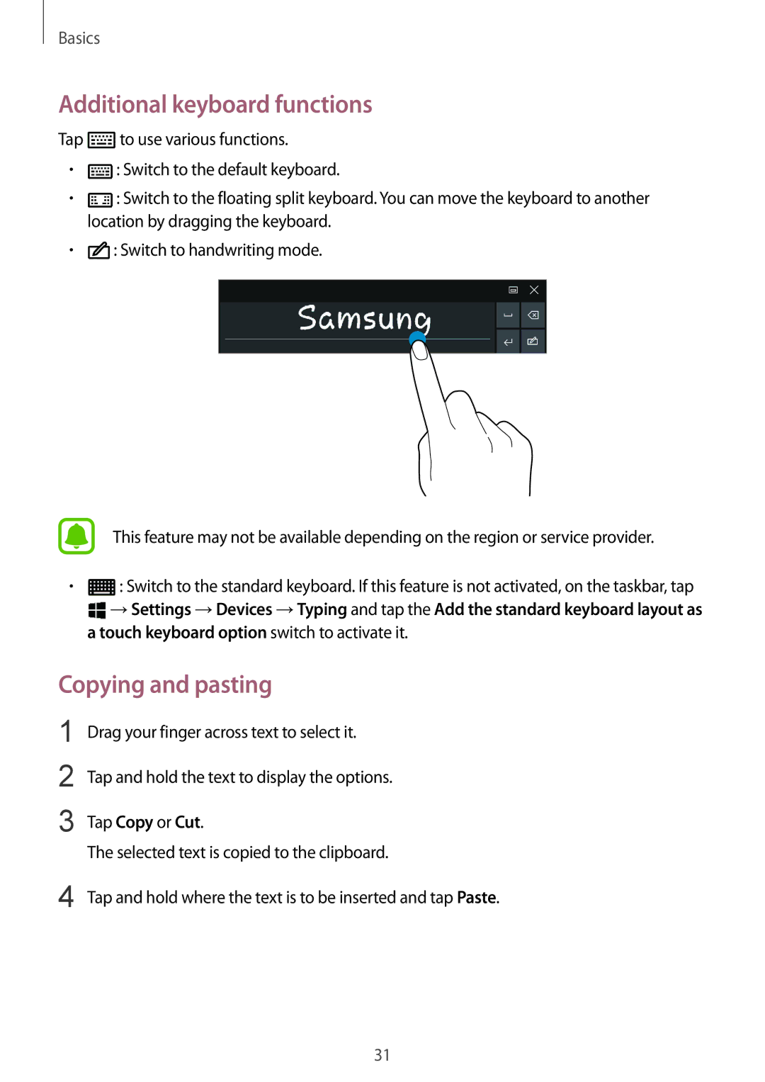 Samsung SM-W708NZKAPHE, SM-W703NZKADBT, SM-W700NZKADBT, SM-W708NZKADBT Additional keyboard functions, Copying and pasting 