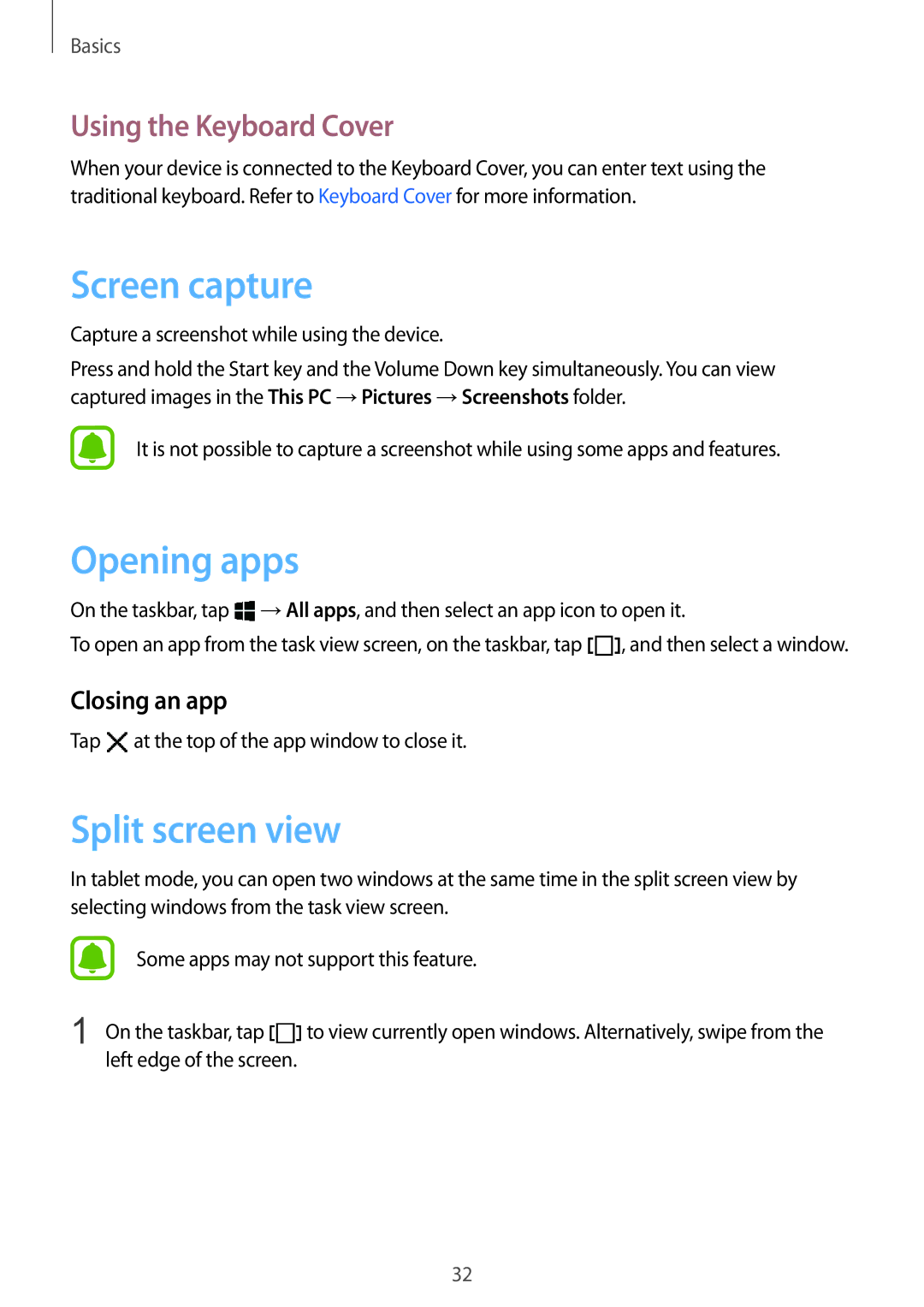 Samsung SM-W708NZKAKSA manual Screen capture, Opening apps, Split screen view, Using the Keyboard Cover, Closing an app 