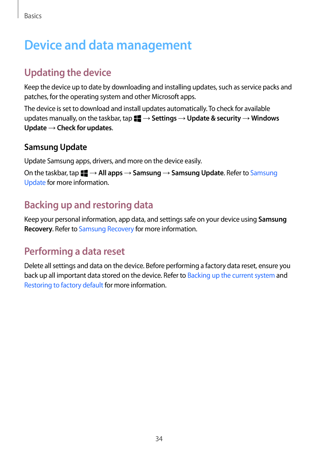 Samsung SM-W703NZKANEE Device and data management, Updating the device, Backing up and restoring data, Samsung Update 