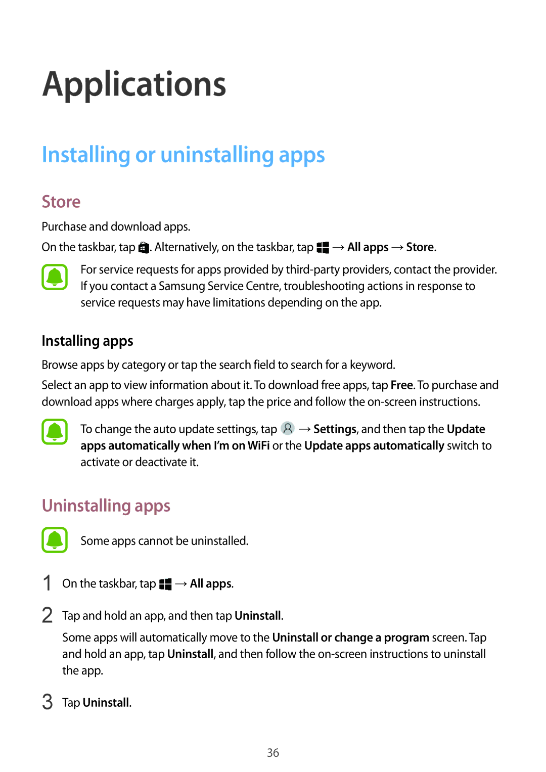 Samsung SM-W708NZKANEE, SM-W703NZKADBT manual Installing or uninstalling apps, Store, Uninstalling apps, Installing apps 