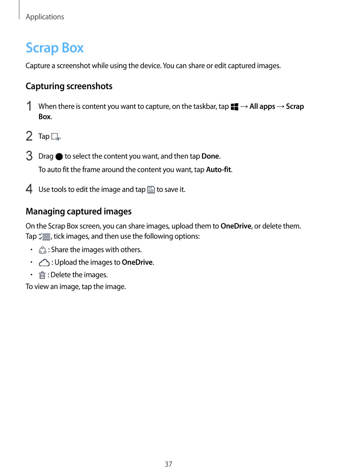 Samsung SM-W708NZKASER, SM-W703NZKADBT, SM-W700NZKADBT manual Scrap Box, Capturing screenshots, Managing captured images 
