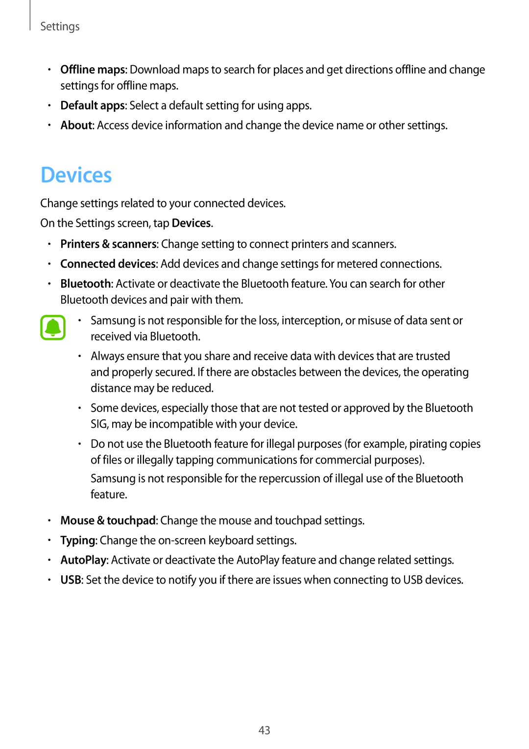 Samsung SM-W700NZWAXEF, SM-W703NZKADBT, SM-W700NZKADBT, SM-W708NZKADBT, SM-W700NZKAXEF, SM-W708NZKAXEF manual Devices, Settings 