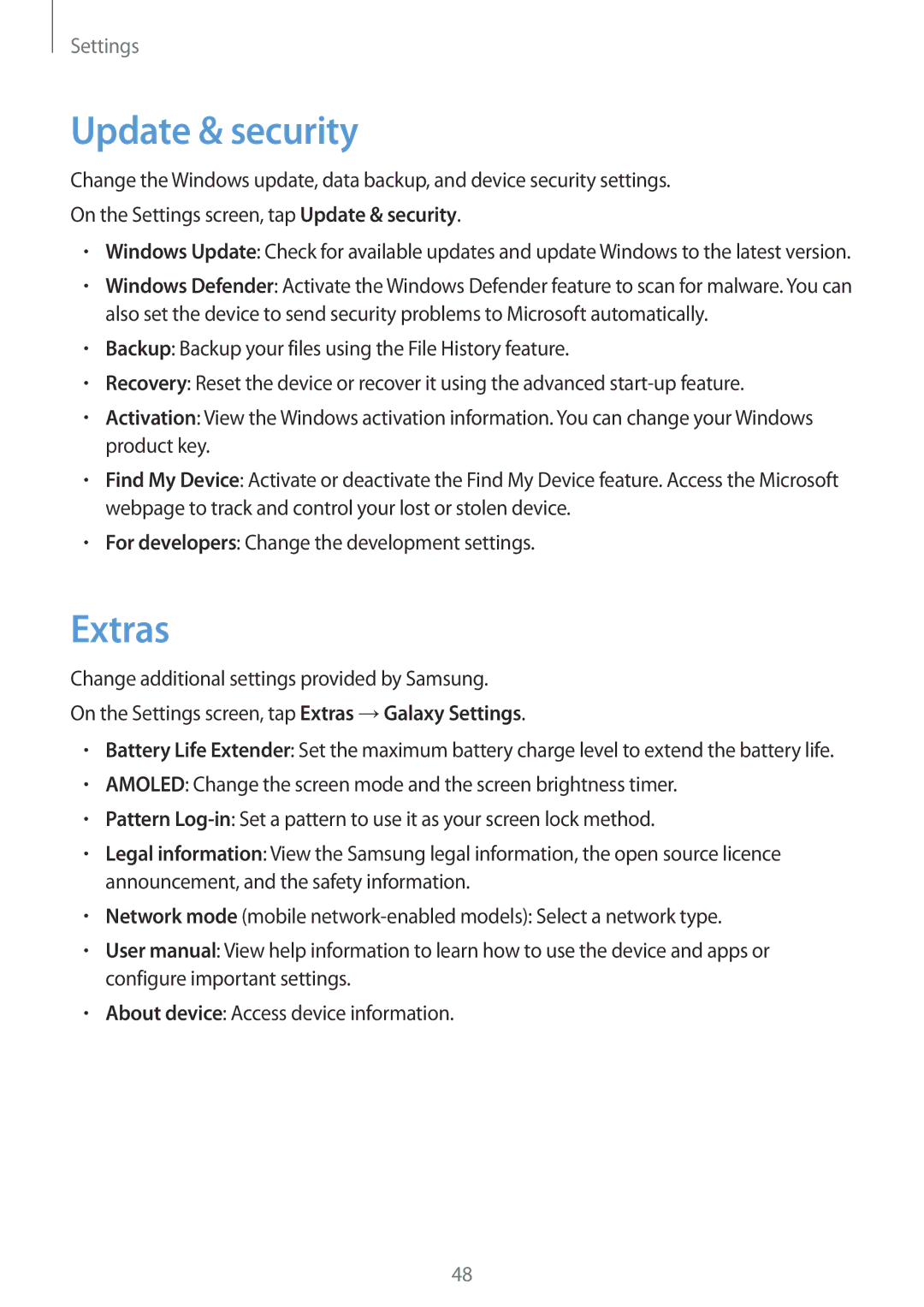 Samsung SM-W700NZKAPHE, SM-W703NZKADBT, SM-W700NZKADBT, SM-W708NZKADBT, SM-W700NZKAXEF manual Update & security, Extras 