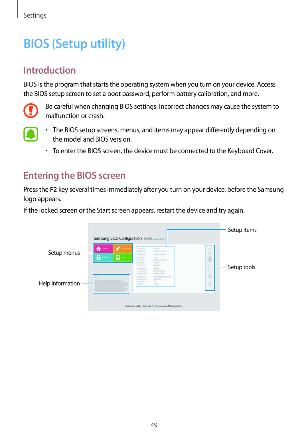 Samsung SM-W703NZKAPHE, SM-W703NZKADBT, SM-W700NZKADBT, SM-W708NZKADBT manual Bios Setup utility, Entering the Bios screen 