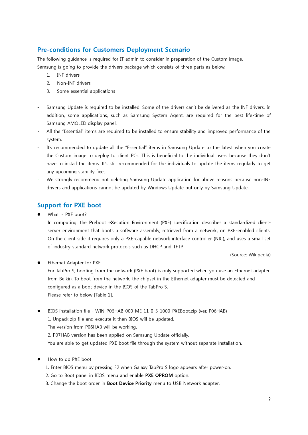 Samsung SM-W708NZKADBT, SM-W703NZKADBT manual Pre-conditions for Customers Deployment Scenario, Support for PXE boot 