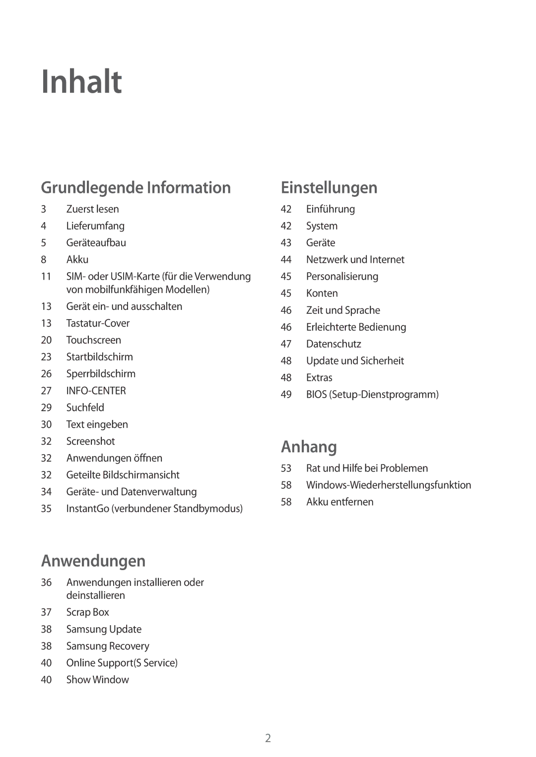 Samsung SM-W708NZKADBT, SM-W703NZKADBT, SM-W700NZKADBT manual Inhalt 