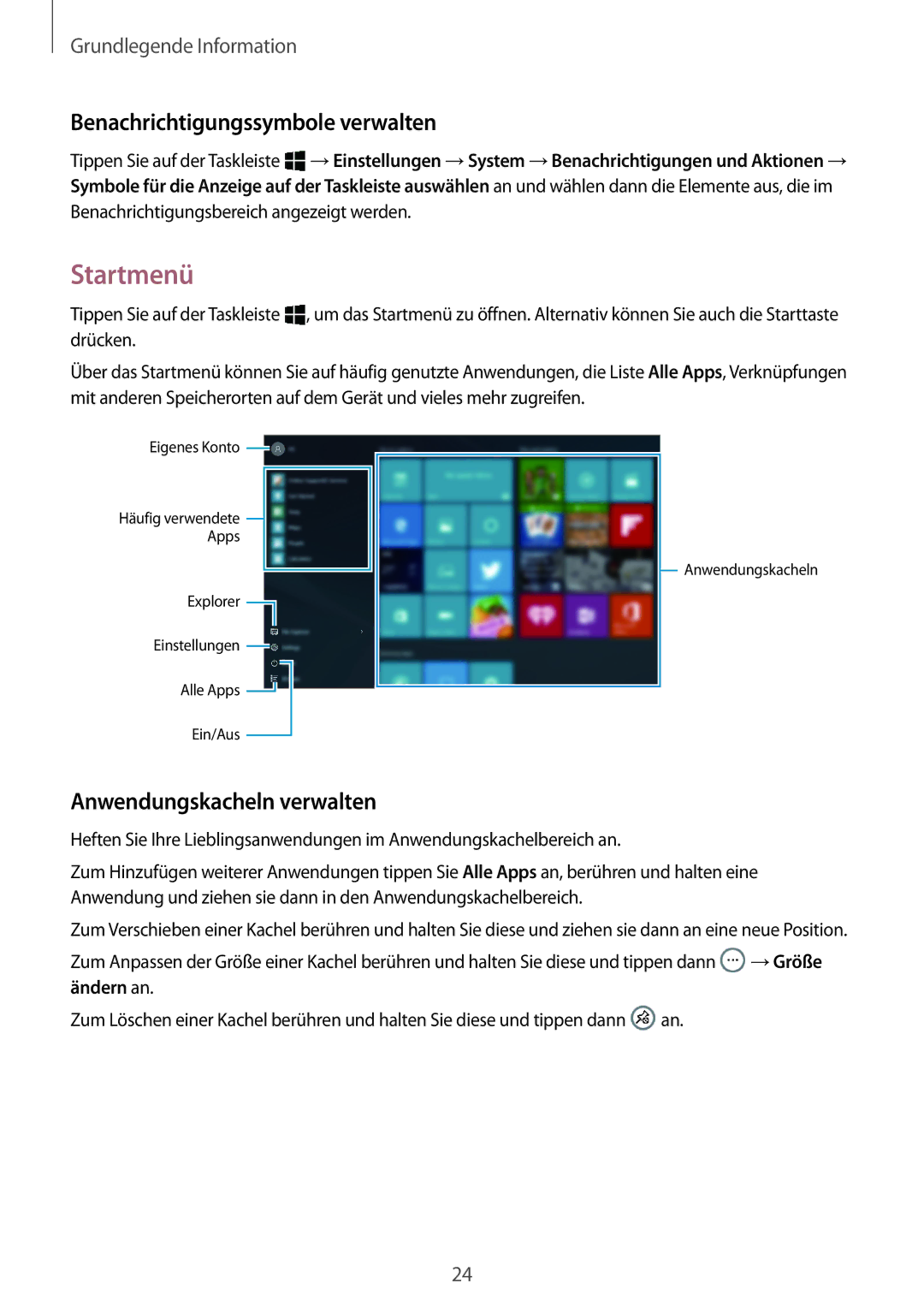 Samsung SM-W703NZKADBT, SM-W700NZKADBT manual Startmenü, Benachrichtigungssymbole verwalten, Anwendungskacheln verwalten 