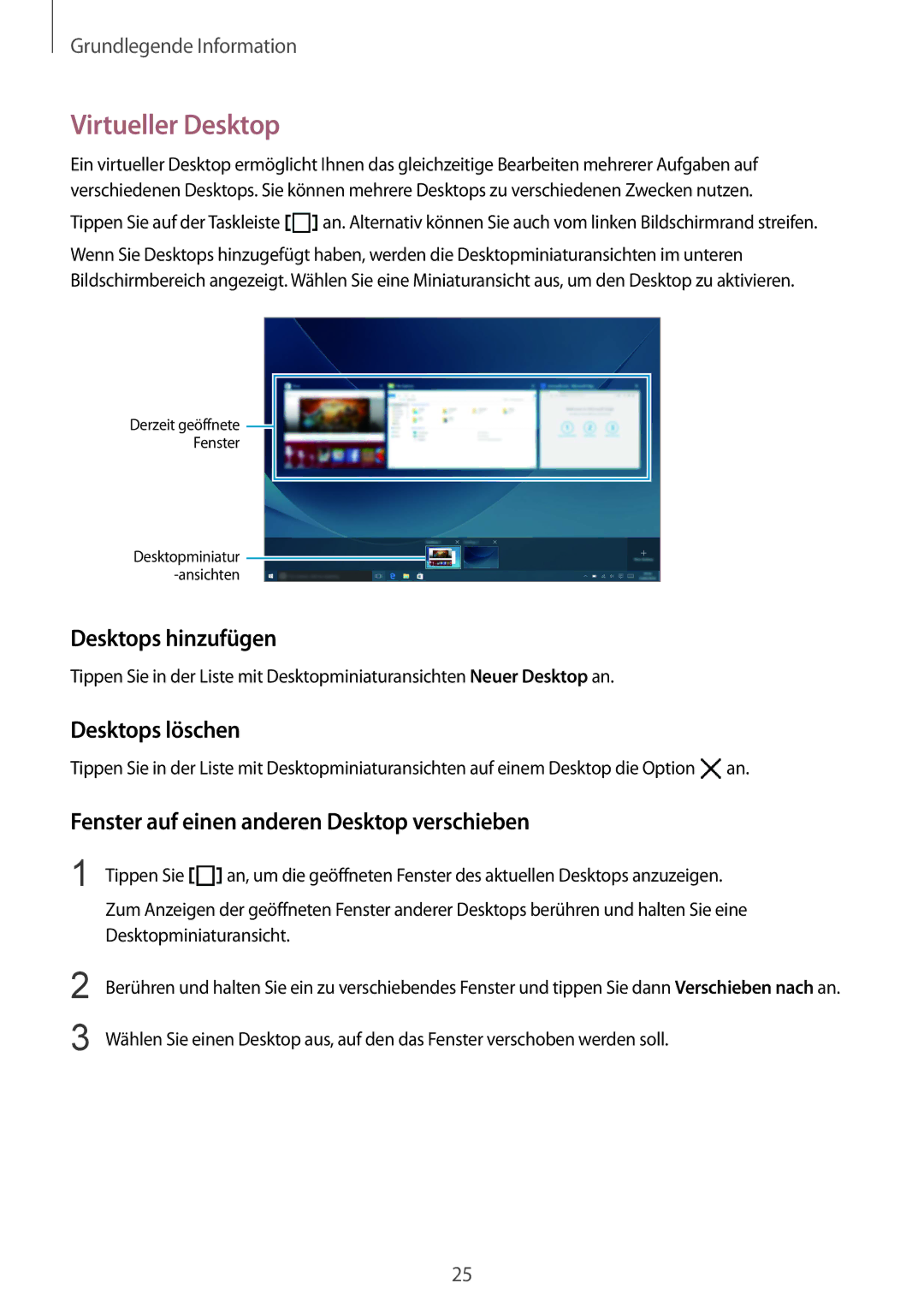 Samsung SM-W700NZKADBT, SM-W703NZKADBT, SM-W708NZKADBT manual Virtueller Desktop, Desktops hinzufügen, Desktops löschen 