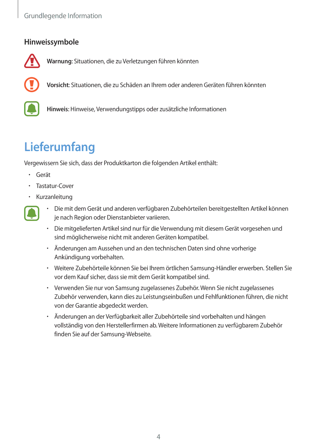 Samsung SM-W700NZKADBT, SM-W703NZKADBT, SM-W708NZKADBT manual Lieferumfang, Hinweissymbole 