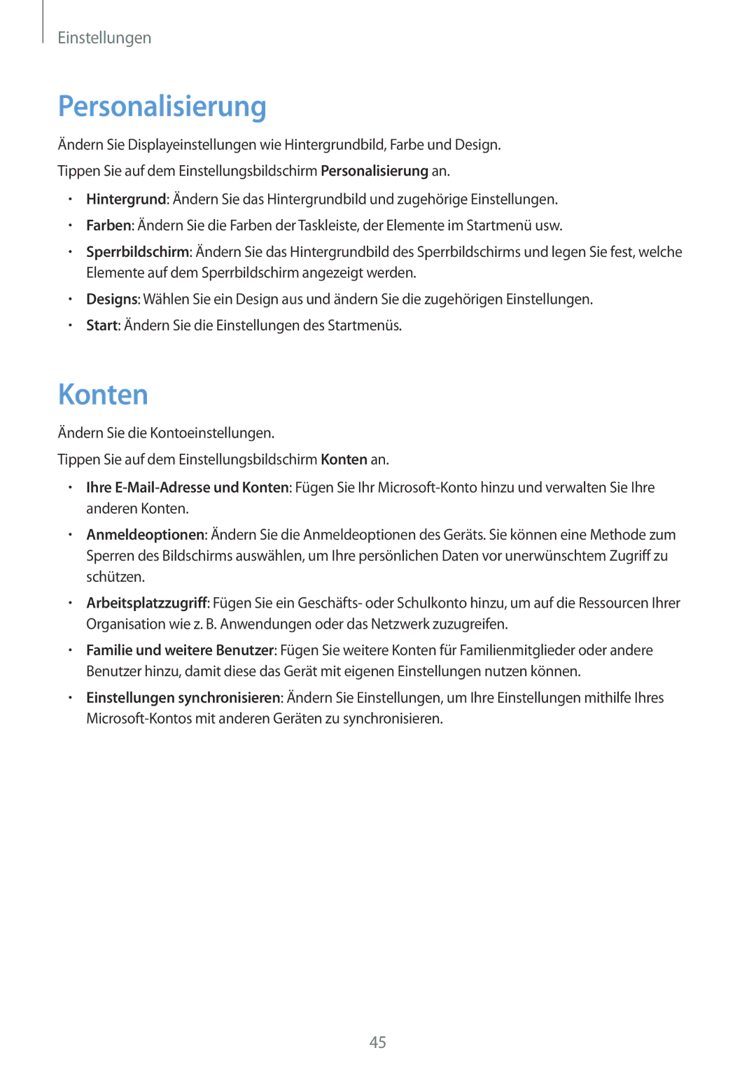 Samsung SM-W703NZKADBT, SM-W700NZKADBT, SM-W708NZKADBT manual Personalisierung, Konten 