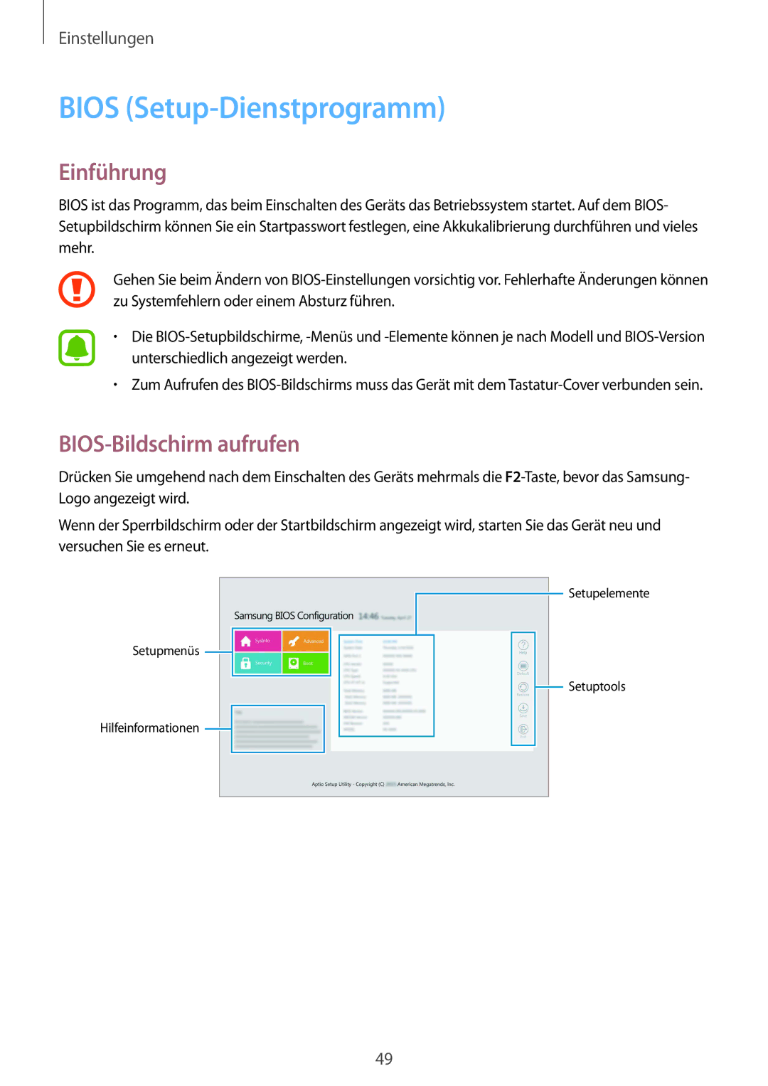 Samsung SM-W700NZKADBT, SM-W703NZKADBT, SM-W708NZKADBT manual Bios Setup-Dienstprogramm, BIOS-Bildschirm aufrufen 