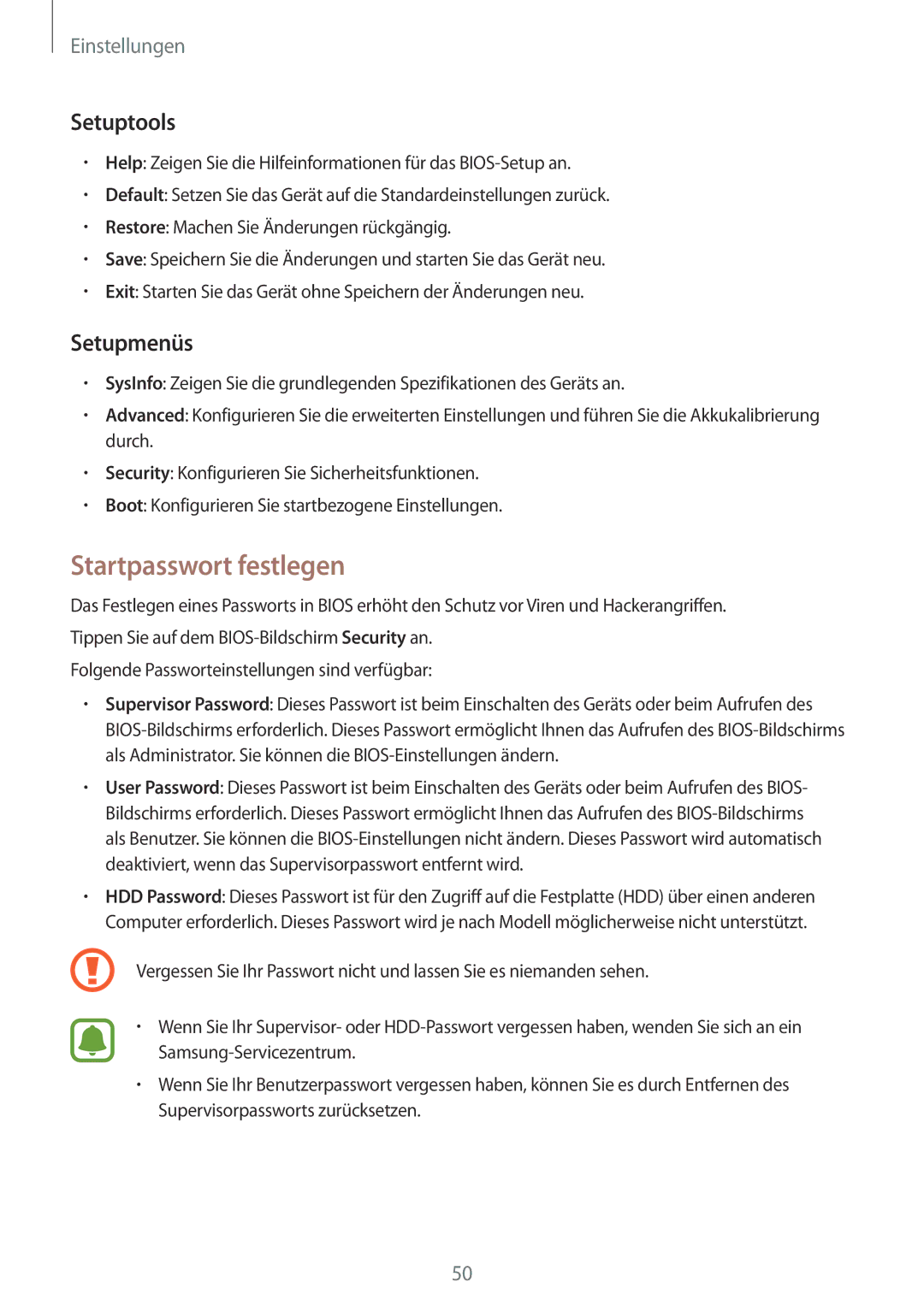 Samsung SM-W708NZKADBT, SM-W703NZKADBT, SM-W700NZKADBT manual Startpasswort festlegen, Setuptools, Setupmenüs 