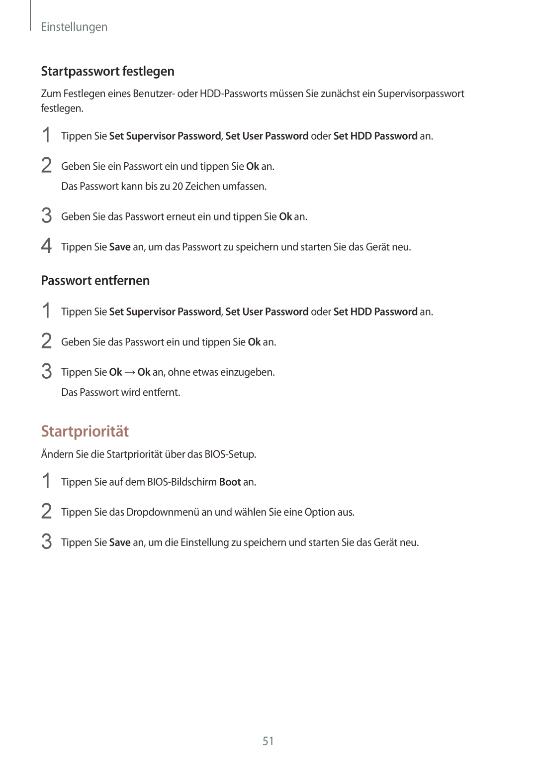 Samsung SM-W703NZKADBT, SM-W700NZKADBT, SM-W708NZKADBT manual Startpriorität, Startpasswort festlegen, Passwort entfernen 