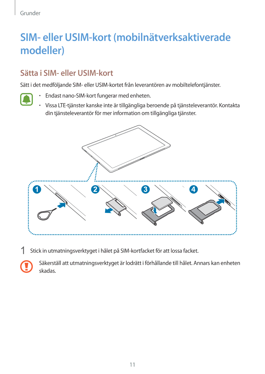 Samsung SM-W708NZKANEE, SM-W703NZKANEE SIM- eller USIM-kort mobilnätverksaktiverade modeller, Sätta i SIM- eller USIM-kort 