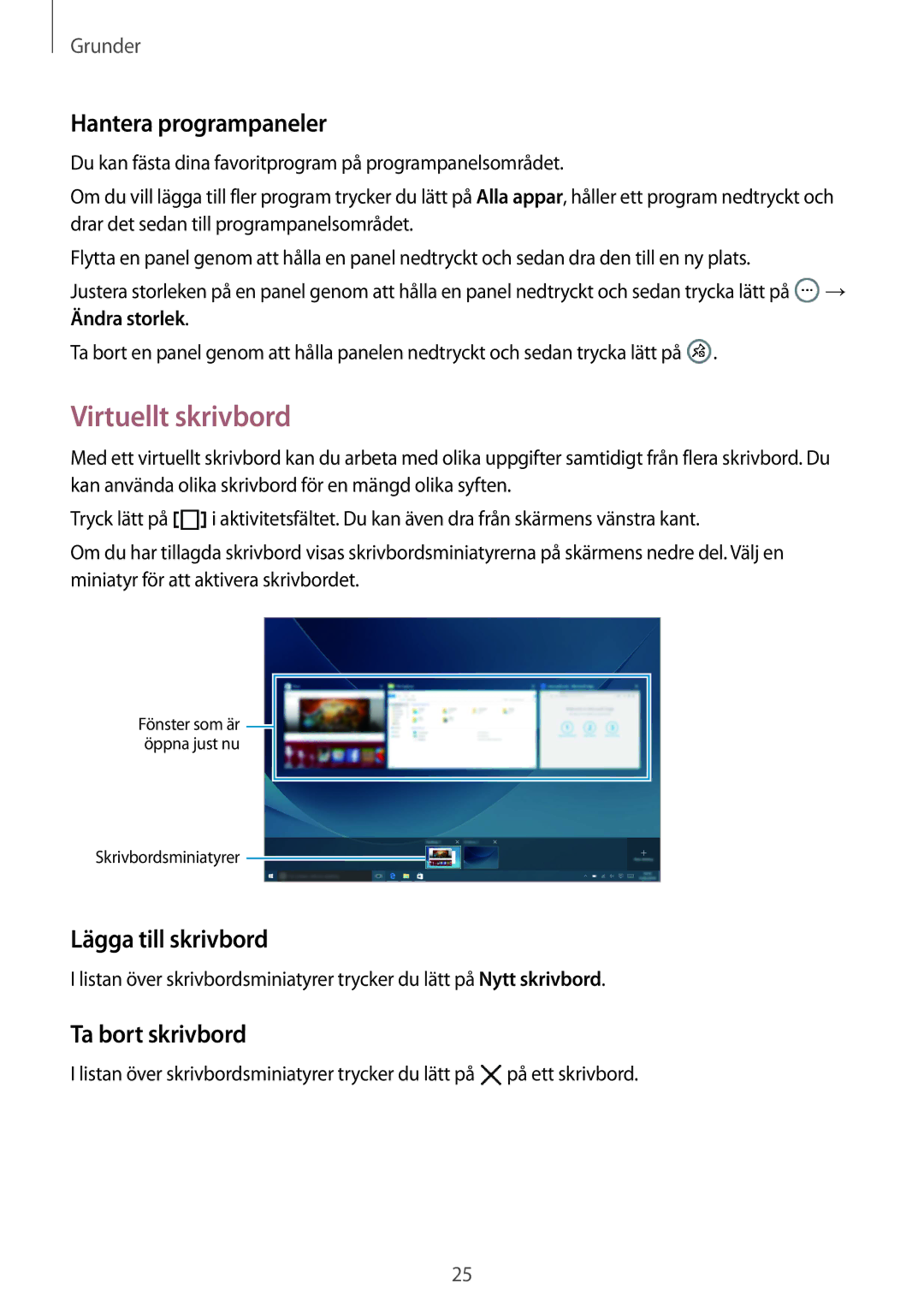 Samsung SM-W700NZKANEE manual Virtuellt skrivbord, Hantera programpaneler, Lägga till skrivbord, Ta bort skrivbord 