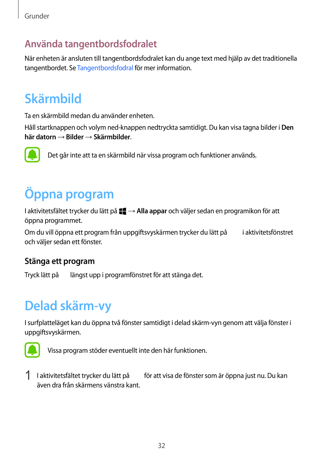 Samsung SM-W708NZKANEE manual Skärmbild, Öppna program, Delad skärm-vy, Använda tangentbordsfodralet, Stänga ett program 