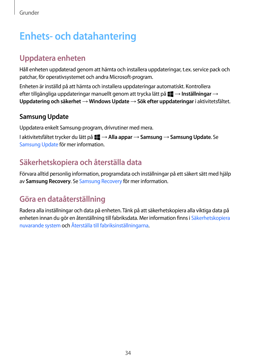 Samsung SM-W700NZKANEE Enhets- och datahantering, Uppdatera enheten, Säkerhetskopiera och återställa data, Samsung Update 