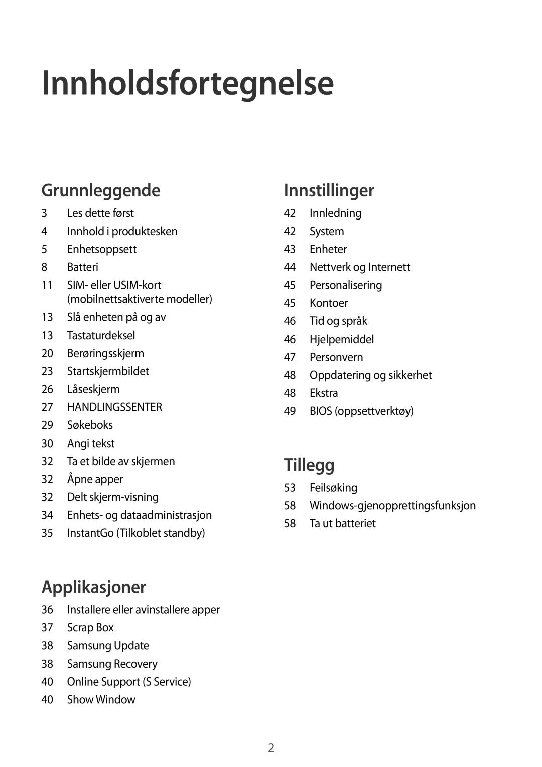 Samsung SM-W708NZKANEE, SM-W703NZKANEE, SM-W700NZKANEE manual Innholdsfortegnelse 