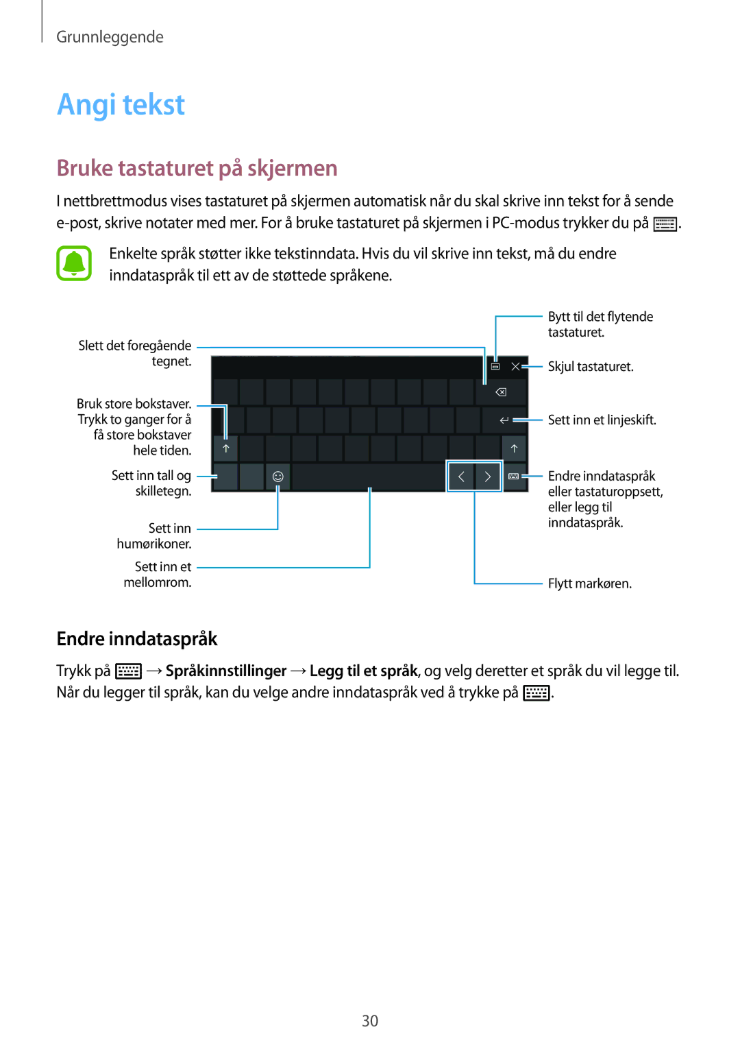 Samsung SM-W703NZKANEE, SM-W700NZKANEE, SM-W708NZKANEE manual Angi tekst, Bruke tastaturet på skjermen, Endre inndataspråk 