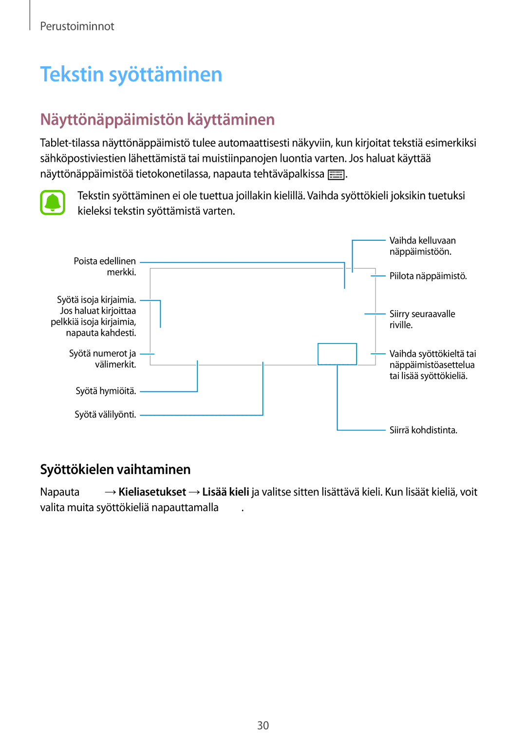 Samsung SM-W703NZKANEE, SM-W700NZKANEE manual Tekstin syöttäminen, Näyttönäppäimistön käyttäminen, Syöttökielen vaihtaminen 