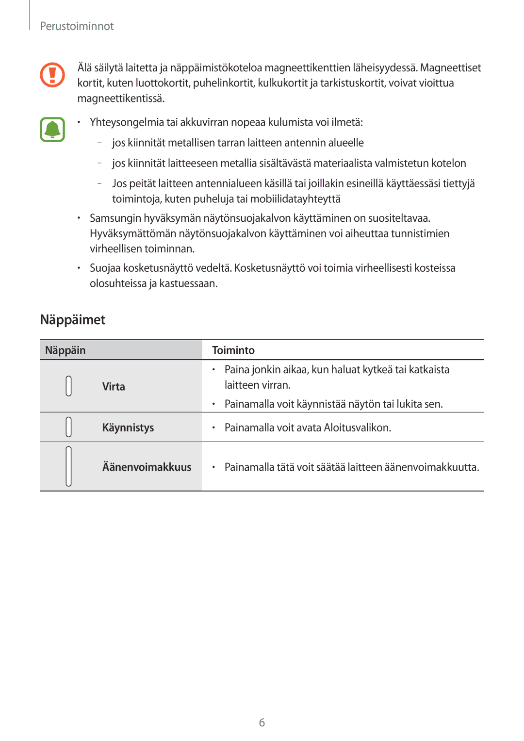 Samsung SM-W703NZKANEE, SM-W700NZKANEE, SM-W708NZKANEE manual Näppäimet, Käynnistys 